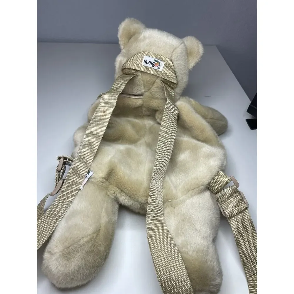 Vintage Mango Teddy Bear Backpack Plush 17” Brown Tan Beige Bow Stuffed Bag